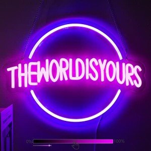 Moodlion The World Is Yours Neon Sign, Neon Signs for Wall Decor, Neon Dimmable Blue LED Signs Bedroom, Neon Planet Light Up Signs Home Accessories Man Cave Beer Bar Wedding Birthday Party Decor Gift