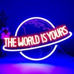 The World is Yours Neon Sign, Remote Dimmer Planet LED Neon Light Lamp for Wall Decor, USB Power for Man Cave Home Bar Bistro Club Cafe Wedding Game Room Bedroom Birthday Gift Graduation Party