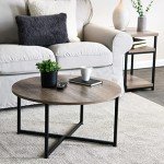 Rustic Round Coffee Table with Black Metal Base