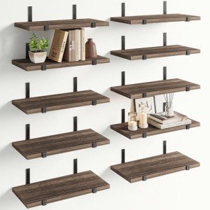 Fixwal Floating Shelves, Set of 10, Rustic Wood Wall Decor, Farmhouse Wall Mounted Shelves for Bedroom, Living Room, Kitchen and Bathroom (Dark Carbonized Black)