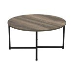 Rustic Round Coffee Table with Black Metal Base