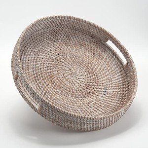Stylish Round Rattan Coffee Table Tray with Handles