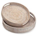 Stylish Round Rattan Coffee Table Tray with Handles