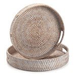 Stylish Round Rattan Coffee Table Tray with Handles