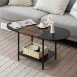 Industrial 2-Tier Oval Coffee Table with Storage