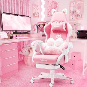 Pink Cat Ear Gaming Chair with Lumbar Cushion