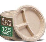 Eco-Friendly 3 Compartments Disposable Paper Plates - 125 Pack