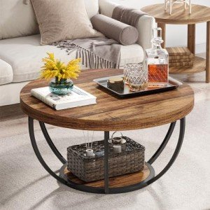 Industrial Round Coffee Table with Storage Shelves