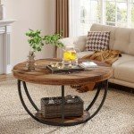 Industrial Round Coffee Table with Storage Shelves