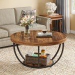 Industrial Round Coffee Table with Storage Shelves