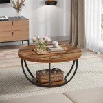 Industrial Round Coffee Table with Storage Shelves