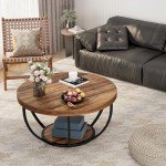 Industrial Round Coffee Table with Storage Shelves