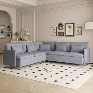 Grey L-Shaped Modular Sectional Couch with Gold Legs