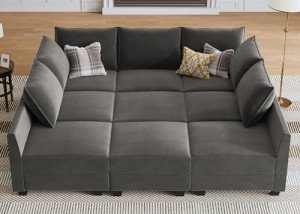 HONBAY Grey Velvet Sectional Sleeper Sofa with Storage