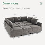 HONBAY Grey Velvet Sectional Sleeper Sofa with Storage
