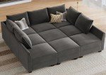HONBAY Grey Velvet Sectional Sleeper Sofa with Storage
