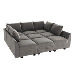 HONBAY Grey Velvet Sectional Sleeper Sofa with Storage