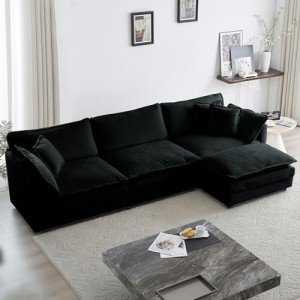 Modern Black Chenille L-Shaped Sofa with Ottoman