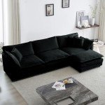 Modern Black Chenille L-Shaped Sofa with Ottoman