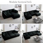 Modern Black Chenille L-Shaped Sofa with Ottoman