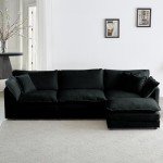 Modern Black Chenille L-Shaped Sofa with Ottoman