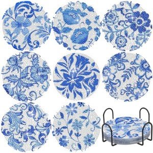 Blue Floral Diamond Painting Coasters - 8 Pack