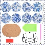 Blue Floral Diamond Painting Coasters - 8 Pack