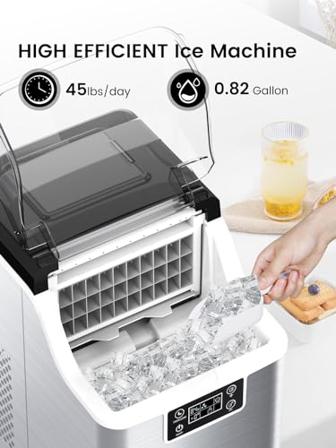 Kndko Countertop Ice Maker,High-Efficient Square Ice Maker Machine,2 Way Add Water,45 lbs Cubes Daily,Self-Cleaning,Ice Size Control,24H Timer,Compact for Home Party Bar RV,Silver