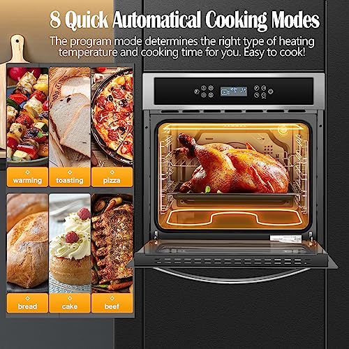 AMZCHEF Single Wall Oven 24" Built-in Electric Ovens with 11 Functions, 8 Automatic Recipes, 2800W, 240V, 2.5Cu.f Convection Wall Oven in Stainless Steel, Touch Control, Timer, Safety Lock 8 Automatic Programming Modes for Quick Start