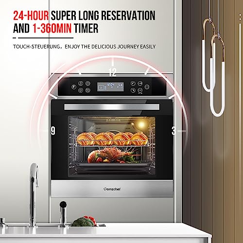 AMZCHEF Single Wall Oven 24" Built-in Electric Ovens with 11 Functions, 8 Automatic Recipes, 2800W, 240V, 2.5Cu.f Convection Wall Oven in Stainless Steel, Touch Control, Timer, Safety Lock 8 Automatic Programming Modes for Quick Start
