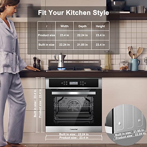 AMZCHEF Single Wall Oven 24" Built-in Electric Ovens with 11 Functions, 8 Automatic Recipes, 2800W, 240V, 2.5Cu.f Convection Wall Oven in Stainless Steel, Touch Control, Timer, Safety Lock 8 Automatic Programming Modes for Quick Start