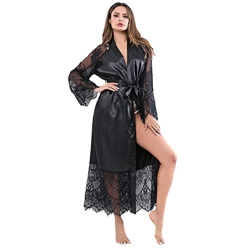 Long Satin Robe for Women with Lace Trim