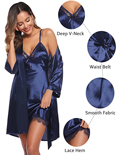 Sykooria Women's Dressing Gown, 2 Pieces Silk Satin Short Kimono Robe Pajama Dress Lace Lingerie Set Bathrobe Nightgown-Navy Blue L