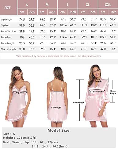 Sykooria Women's Dressing Gown, 2 Pieces Silk Satin Short Kimono Robe Pajama Dress Lace Lingerie Set Bathrobe Nightgown-Navy Blue L