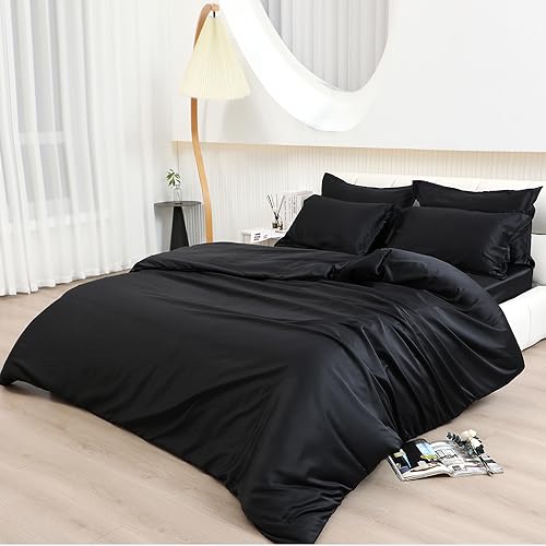 Black Satin King Duvet Cover Set - 6 Pieces
