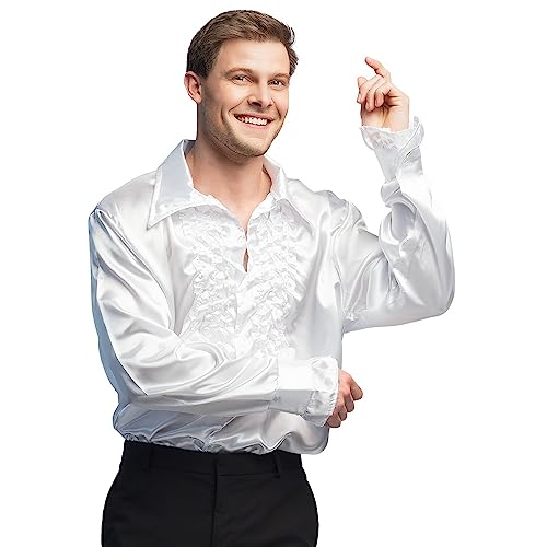 Ruffled White Satin Disco Shirt for Men