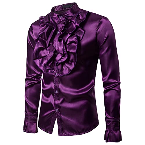 Men's Sequin Satin Button Up Shirt (Dark Purple, XL)