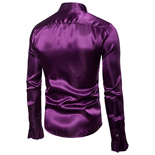 Men's Sequin Satin Button Up Shirt (Dark Purple, XL)