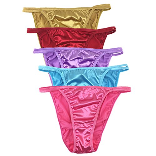 Queen Star Women's Pack of 5 Satin Tanga High Cut String Bikini Briefs, Multicoloured, XL