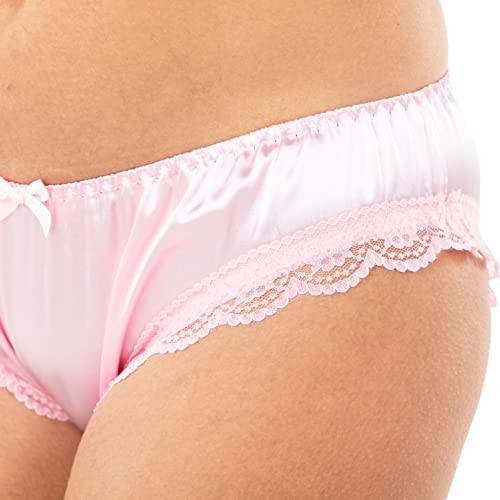 Satini Women's Tanga Bikini Lingerie Briefs Panties Satin Frilly Lace Knickers (Baby Pink, L)