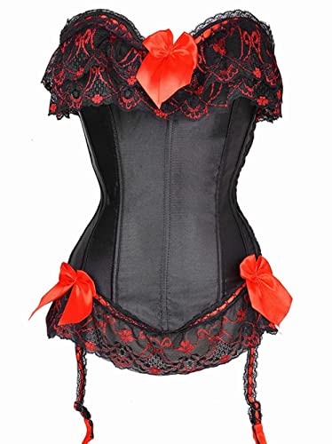Kelvry Women's Gothic Satin Lace up Boned Bustier Corset Top with Suspenders Plus Size 6-24 Black