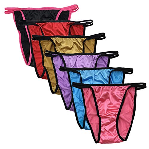 Queen Star Pack of 6 Women's Satin Tanga Bikini Briefs Knickers High Cut String Panties Underwear (3XL)