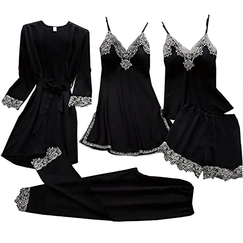 2022NEW1- Pjs Nightwear Lace 5Pcs Set Women‘s Cami with Robe Silky Sleepwear Pajama Pajama Satin Sexy Set Womens Christmas Lingerie (Black, XL)