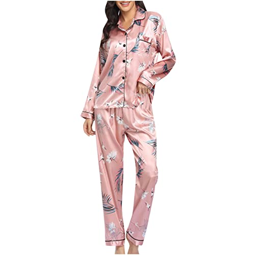 AMhomely UK Stock Sale Womens Fashion Print Home Wear Two-Piece Suit Long Sleeve Pants Pajama Set Babydoll Sleepwear Nightwear Set Ladies Comfort Cotton Everyday Bra Gift for her Girls