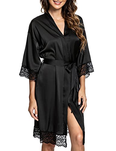 Black Satin Kimono Robe with Lace Trim