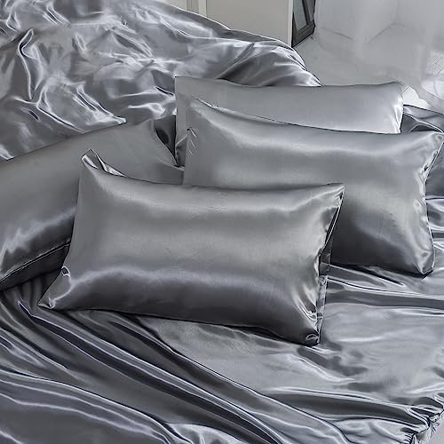 Silver Satin Bedding Set - 6 Pieces