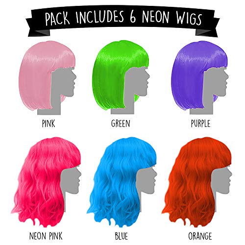 6 Pack Neon Party Wigs for Mardi Gras
