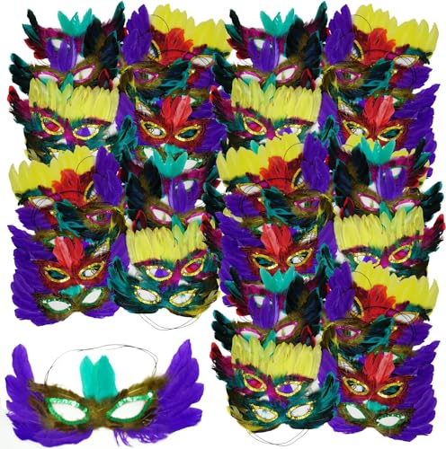 12 Pack Mardi Gras Masks with Feathers