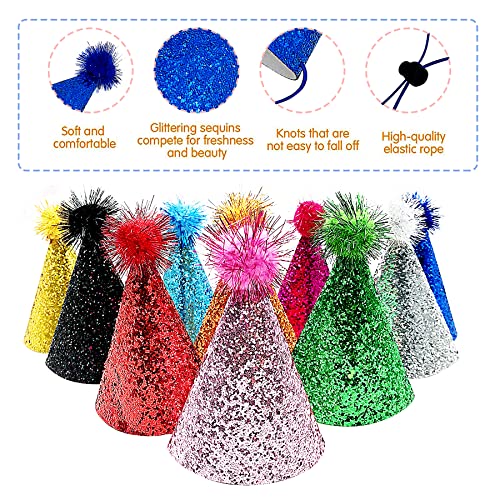 Colorful Cone Party Hats with Pom Poms - 10 PCS