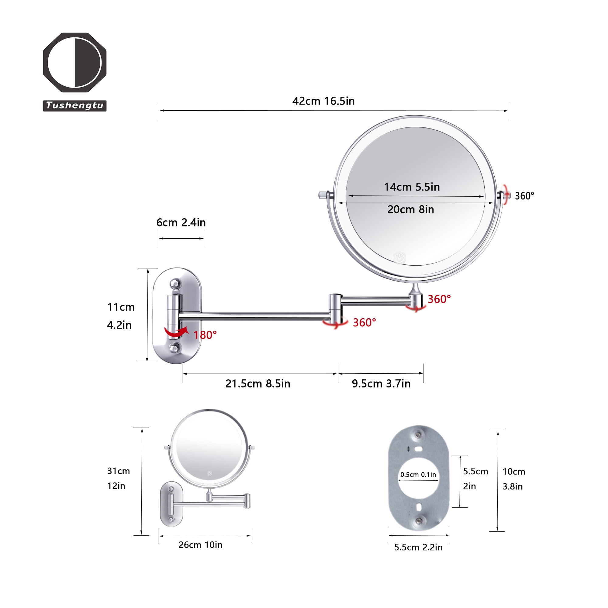 8" Lighted Bathroom Mirror with 360° Rotation